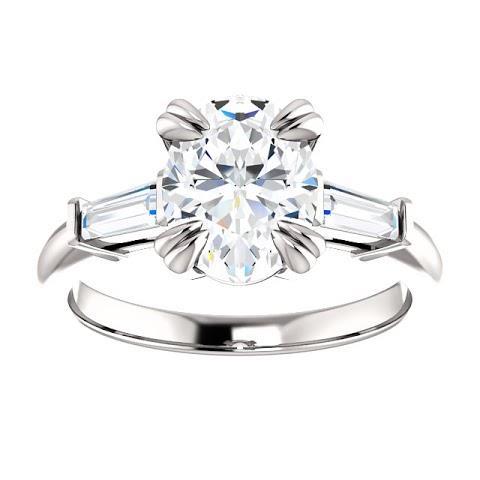 2 Carats Oval Center Real Diamond 3 Stone Engagement Ring 14K White Gold