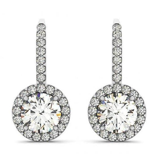 2 Carats Round Brilliant Real Diamonds Halo Drop Earrings