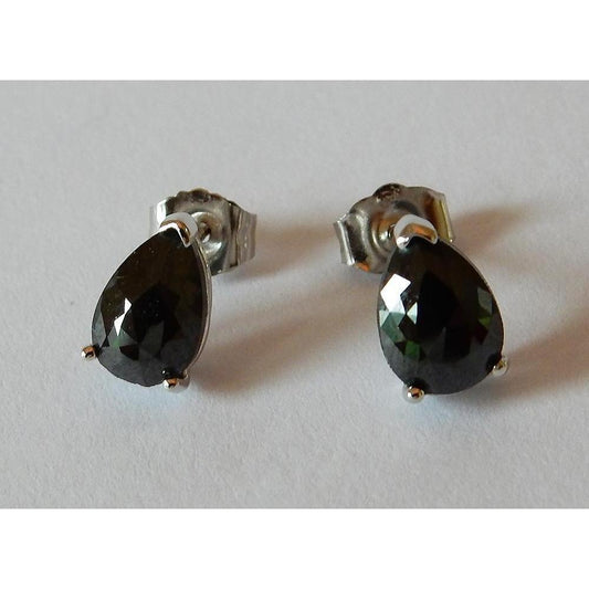 2 Carats Stud Earrings Pear Natural Black Diamonds White Gold 14K Finish