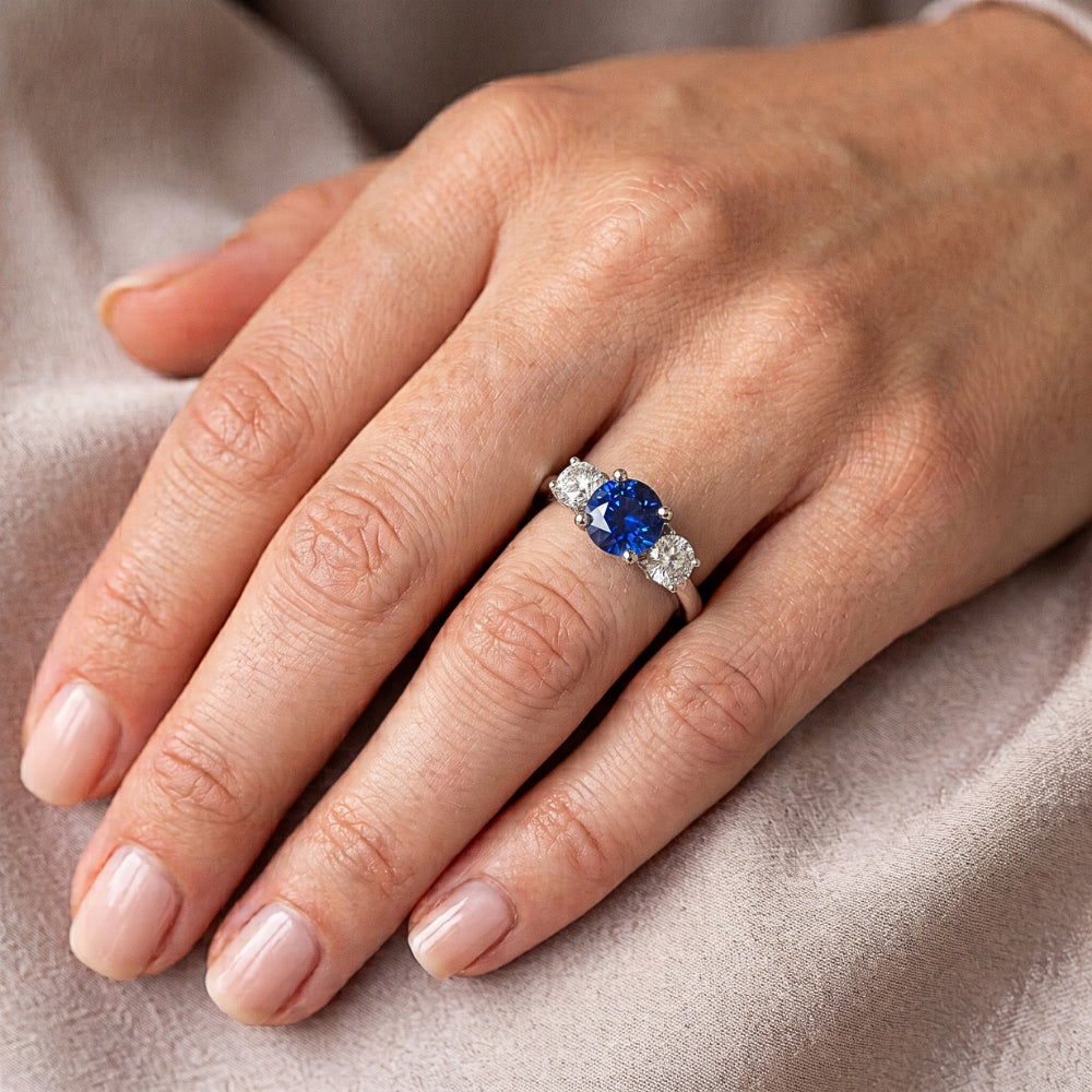 2 Carats Three Stone Ring Round Blue Sapphire & Natural Earth Mined Diamonds