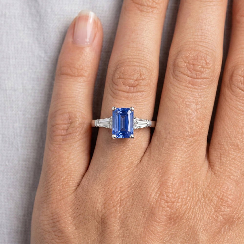 2 Carats Womens Jewellery Blue Sapphire Ring Tapered Baguette 3 Stone