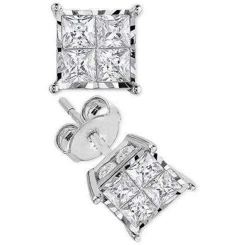 2 Ct Princess Cut Genuine Diamond Stud Earring White Gold