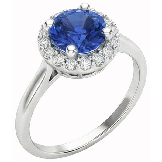2 Ct Round Ceylon Sapphire Halo Natural Earth Mined Diamond Ring