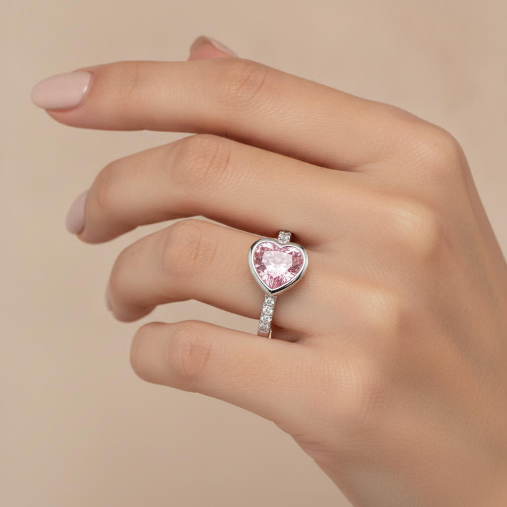 Pink Heart Diamond Ring 2 Carat Lab Grown Bezel 14K White Gold