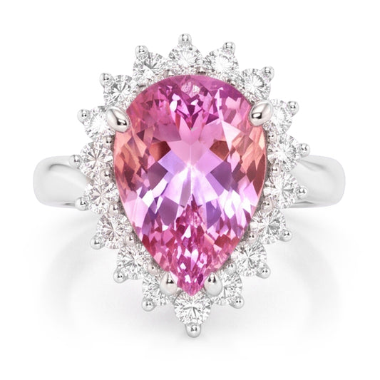 21.75 Carats Pear Kunzite With Round Natural Earth Mined Diamonds Ring White Gold 14K