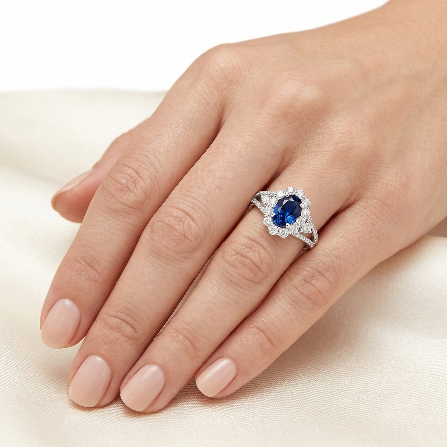 2 Ct Oval Ceylon Sapphire And Natural Earth Mined Diamond Wedding Ring White Gold 14K