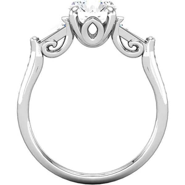 2.01 Ct Round And Baguette Real Diamond 3 Stone Engagement Ring White Gold