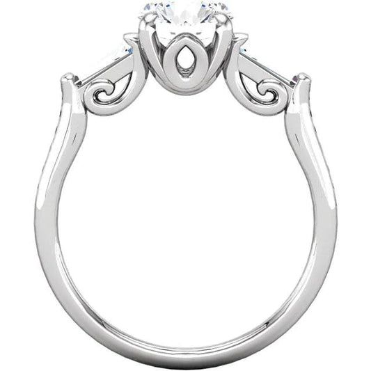 2.01 Ct Round And Baguette Real Diamond 3 Stone Engagement Ring White Gold