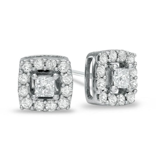 2.2 Ct Four Prong Set Princess & Round Genuine Natural Earth Mined Diamond Stud Earring Halo