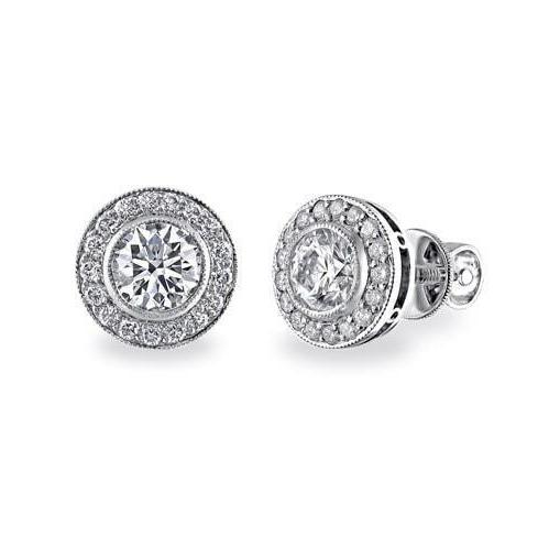 2.20 Carats Round Cut Halo Real Diamond Stud Earring Fine Gold Jewelry