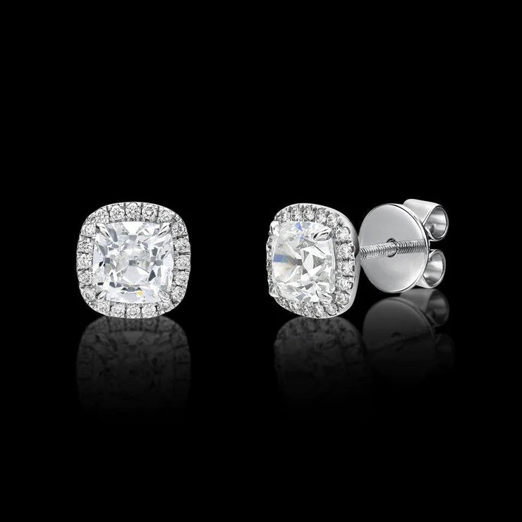 2.4 Ct Old Mine Cut Real Diamonds Studs Halo Earrings White Gold 14K