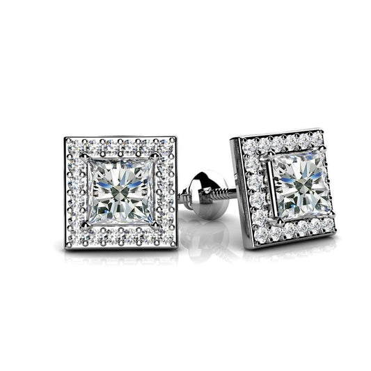 2.40 Ct Natural Princess & Round Cut Halo Diamond Stud Earring 14K White Gold