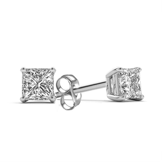 2.50 Carats Real Diamond Stud Earrings Princess Cut White Gold 14K