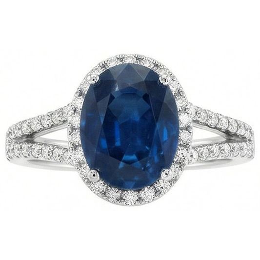 3.20 Carats Oval Sri Lanka Sapphire And Natural Earth Mined Diamond Ring White Gold 14K