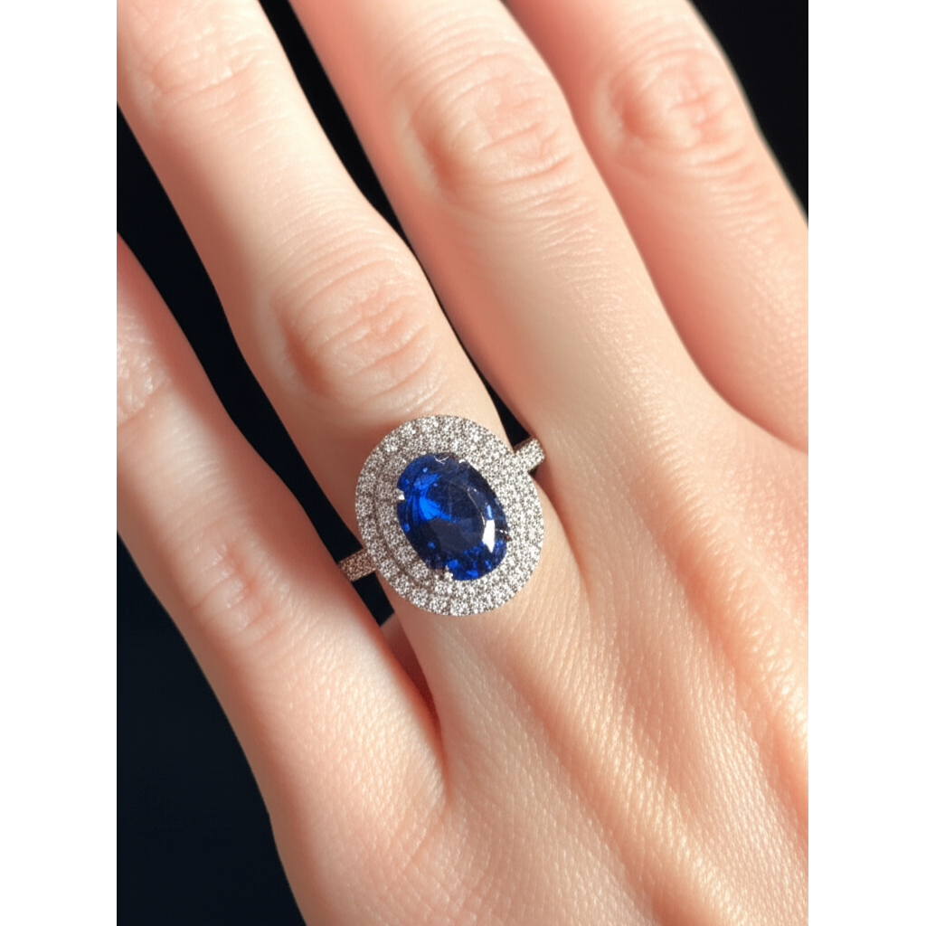 3.40 Ct Oval Ceylon Sapphire With Round Natural Earth Mined Diamonds Ring White Gold