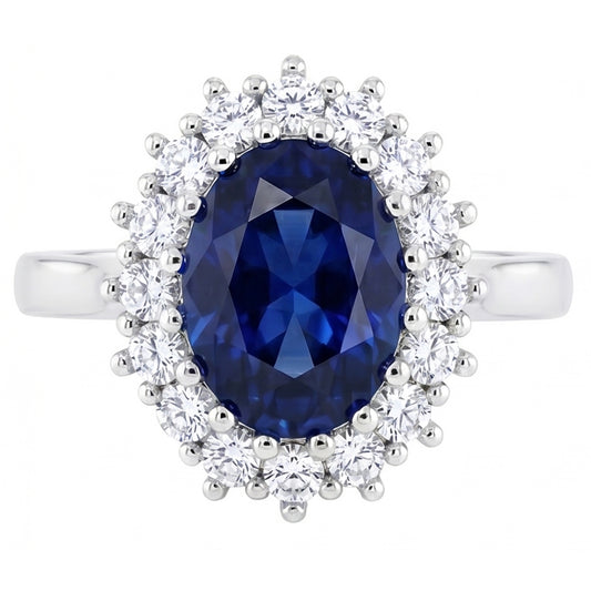 3.5 Ct Oval Shaped Ceylon Sapphire Round Natural Earth Mined Diamond Ring White Gold 14K