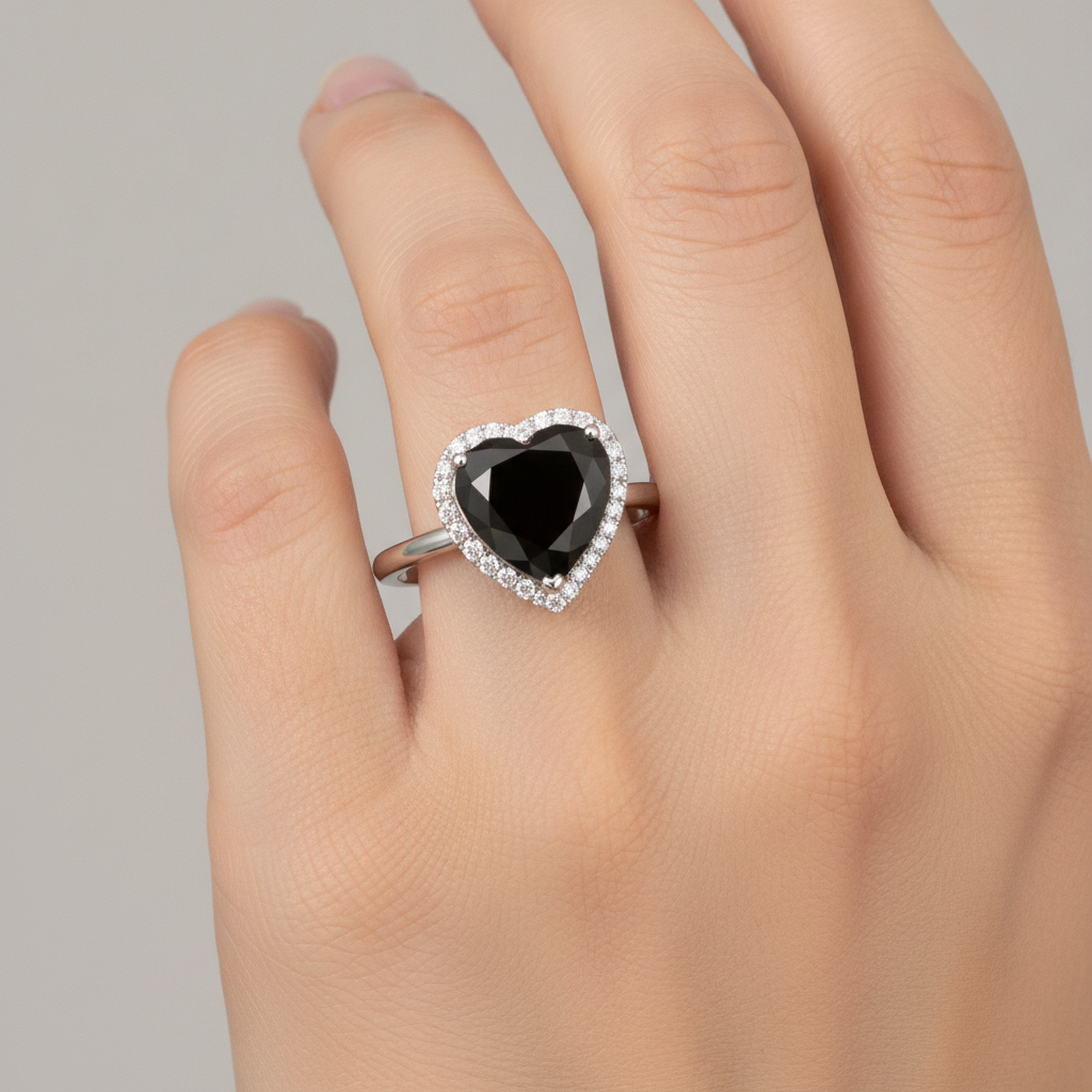 Black Diamond Engagement Ring 3 Carat Real Heart Halo Plain 14K White Gold