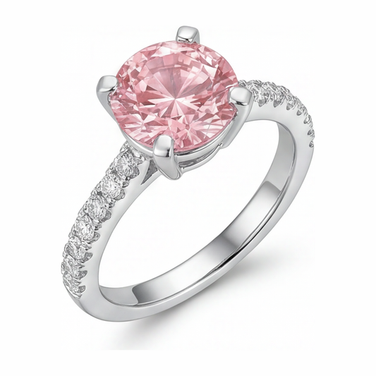 Pink Diamond Engagement Ring 3.5 Carat Lab Grown Round Pave Cathedral 14K White Gold