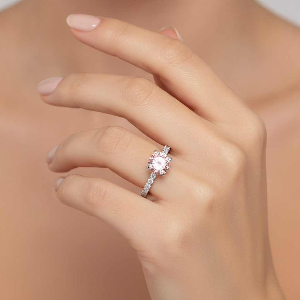 Pink Diamond Ring 3.5 Carat Lab Grown Round Pave 14K White Gold