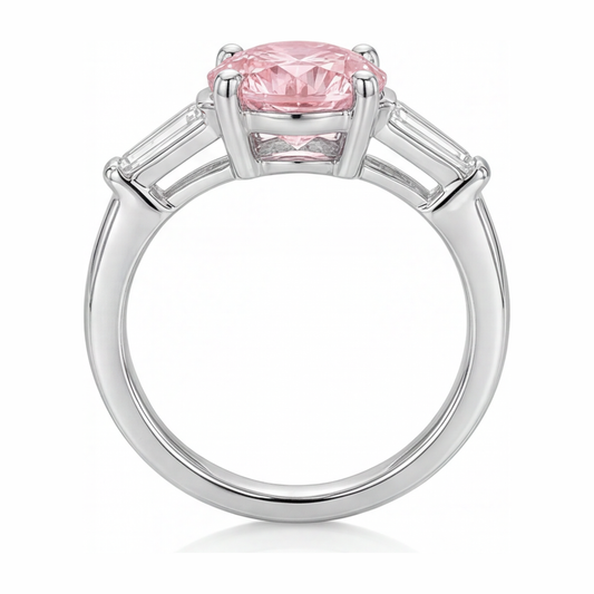 Pink Diamond Ring 3.5 Carat Lab Grown Round Three Stone 14K White Gold