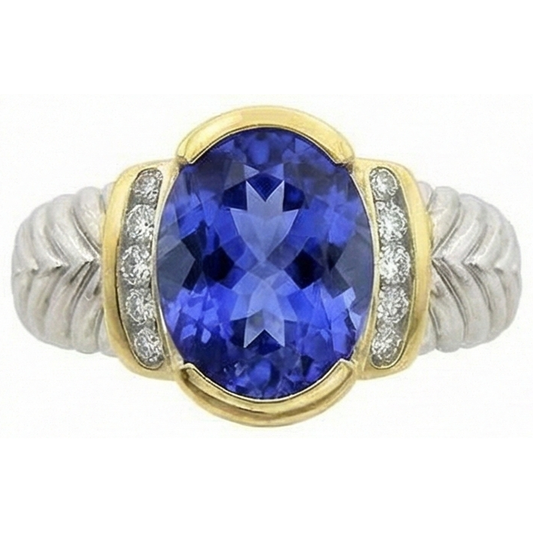 3.50 Carat Oval Tanzanite Sparkling Natural Earth Mined DIAMOND ( NOT LAB GROWN )s Ring New Two Tone