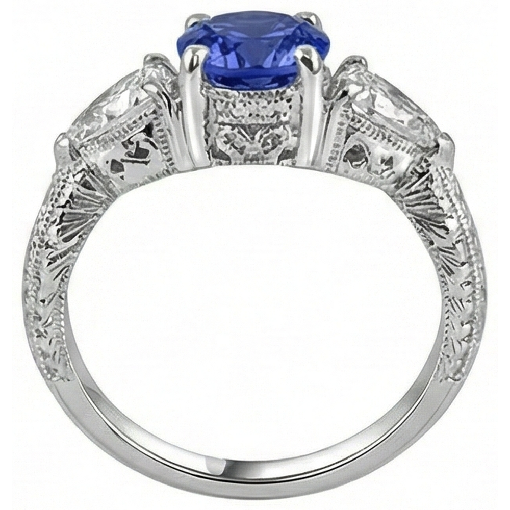3.50 Carats Ring Round Tanzanite And Trillion Natural Earth Mined DIAMOND ( NOT LAB GROWN )s 3-Stone Jewellery