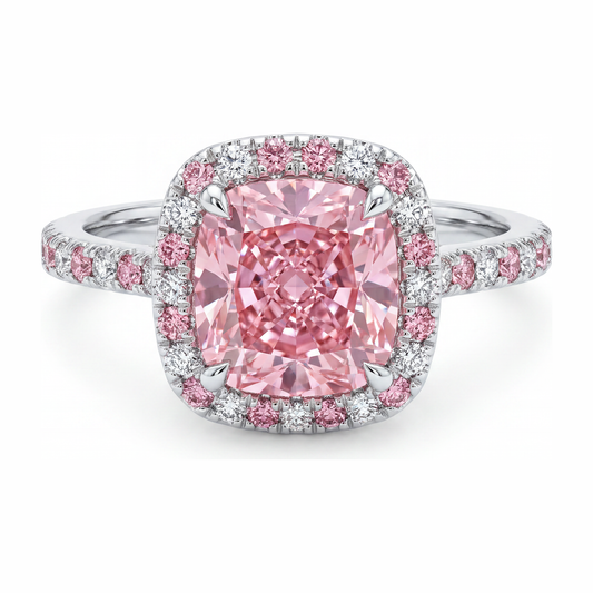 Lab Grown Pink Diamond 3.75 Carat Cushion Halo Ring 14K White Gold