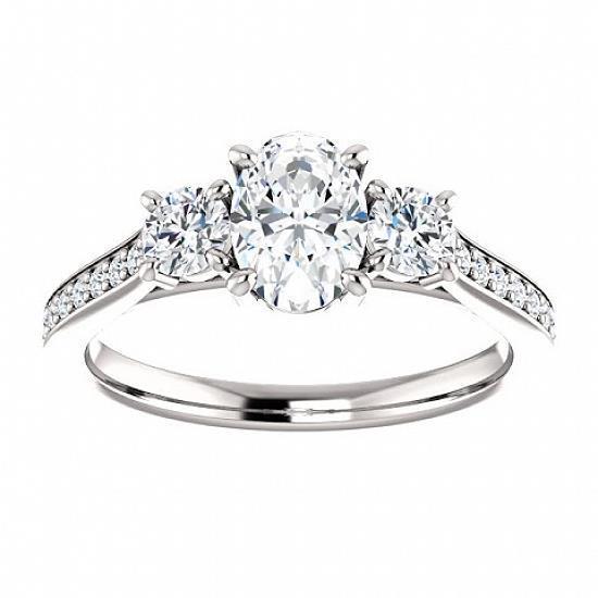 3 Carat Oval & Round Real Diamond 3 Stone Ring With Accents White Gold 14K