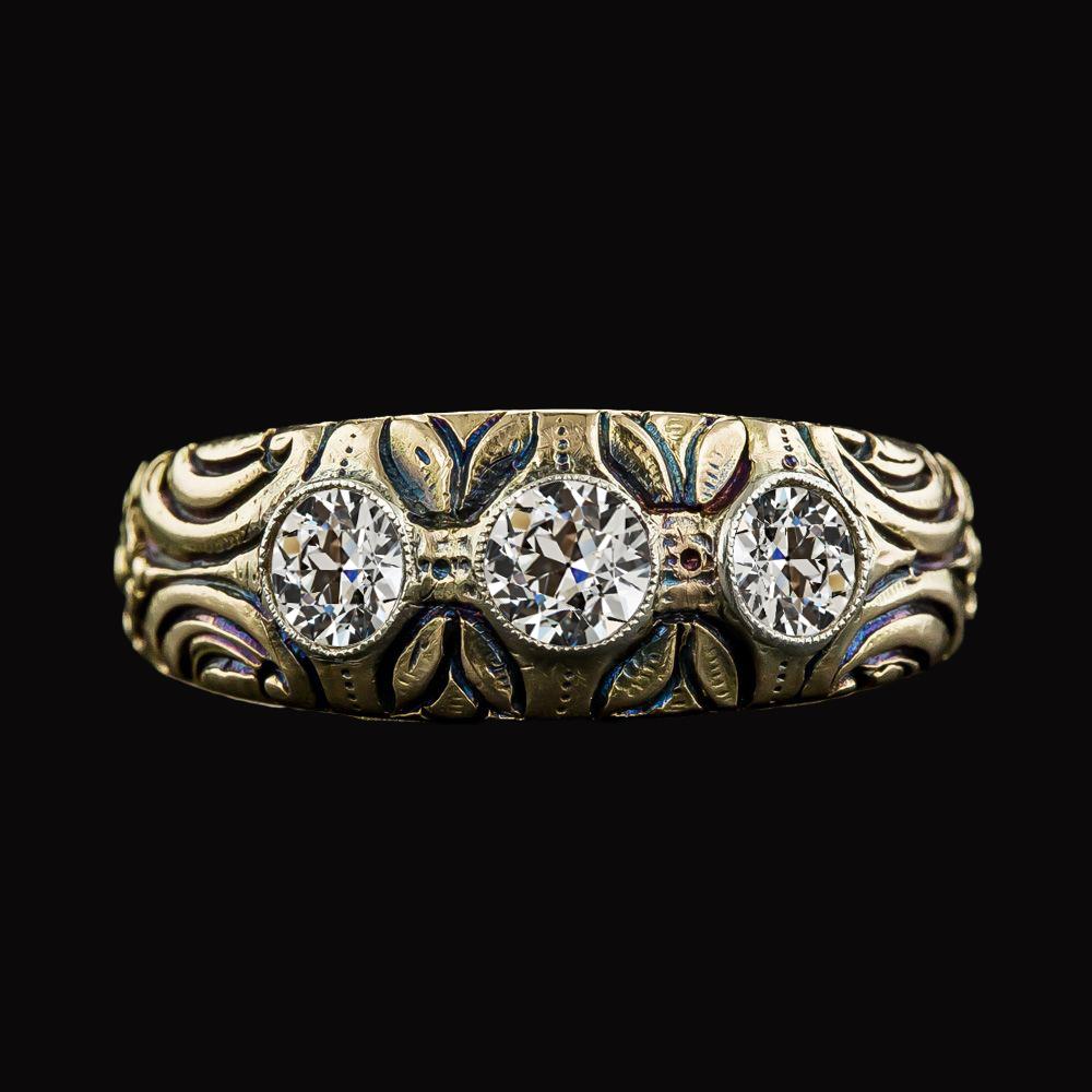 3 Carats Antique Style Three Stone Old Miner Natural Diamond Band Yellow Gold