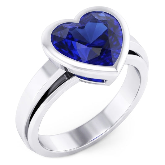 3 Carats Blue Sapphire Solitaire Ring Heart Shaped Bezel Set Gold 14K
