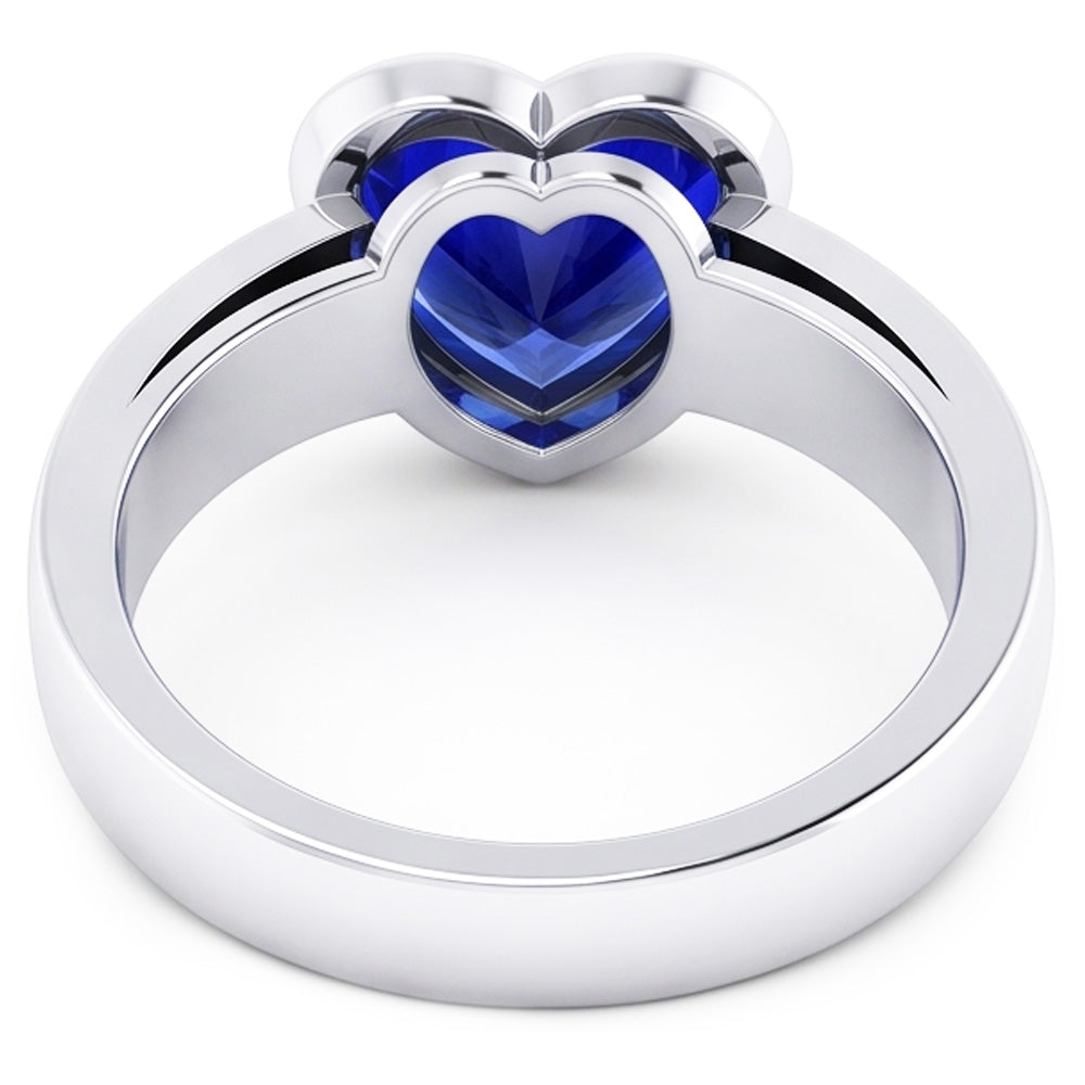 3 Carats Blue Sapphire Solitaire Ring Heart Shaped Bezel Set Gold 14K