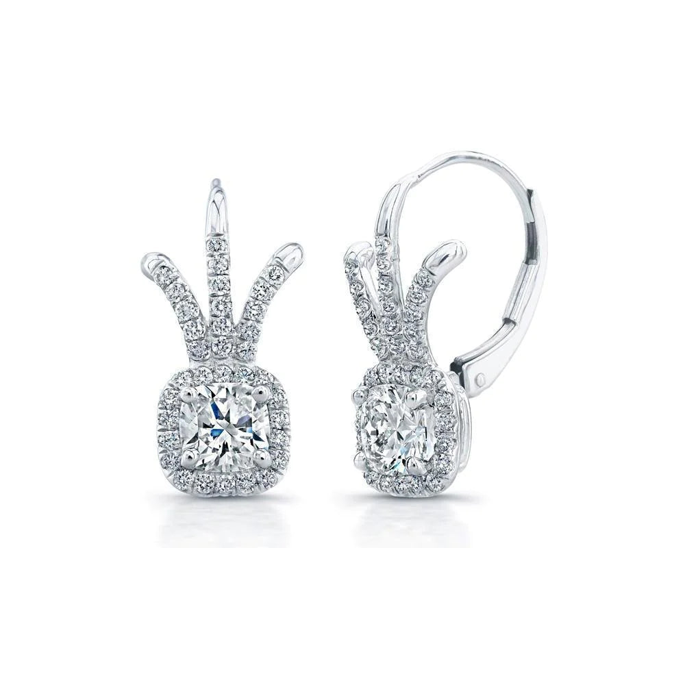 3 Carats Cushion And Round Real Natural Earth Mined Diamond Drop Earring Solid White Gold 14K