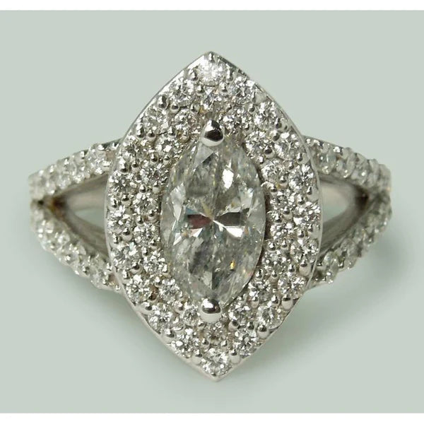 3 Carats Double Halo Marquise Real Diamond Engagement Ring Split Shank