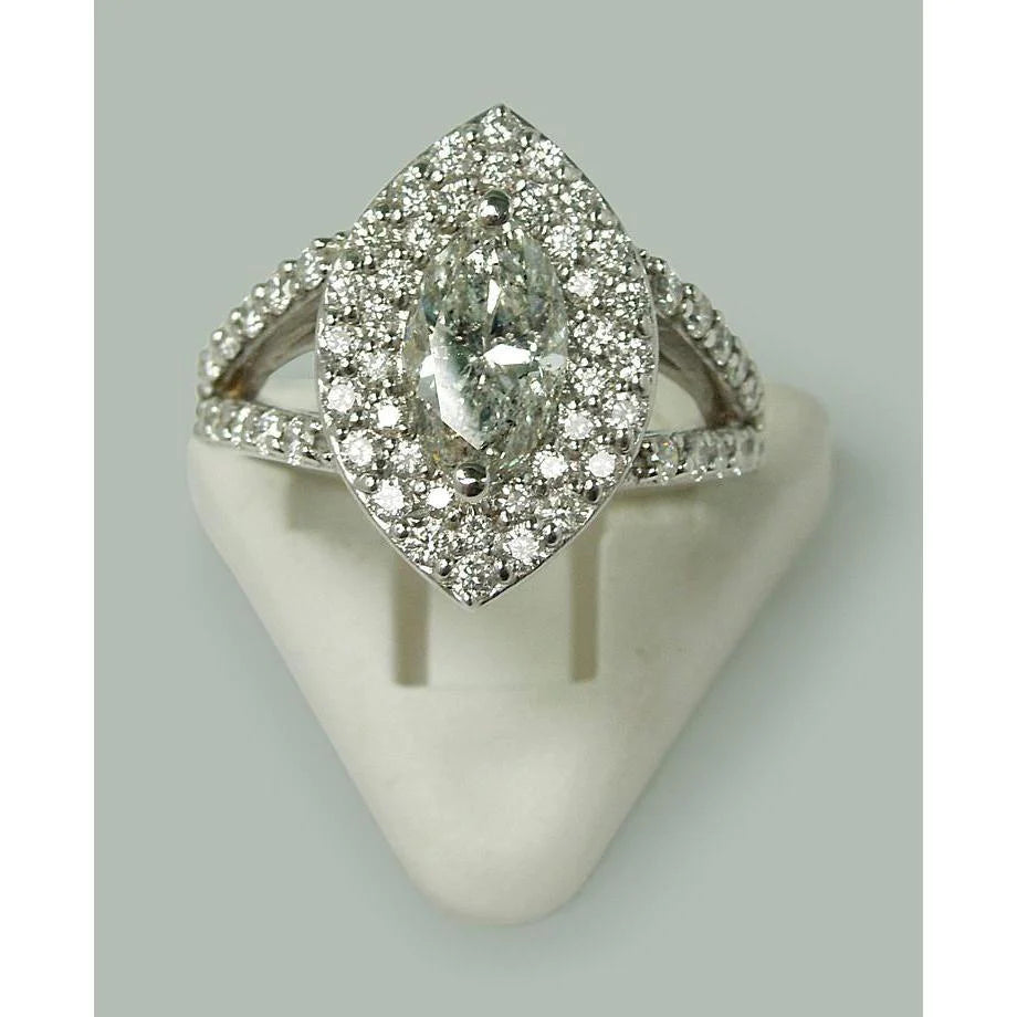 3 Carats Double Halo Marquise Real Diamond Engagement Ring Split Shank