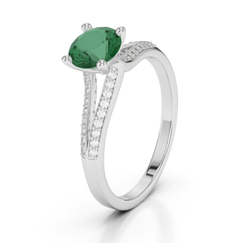 3 Carats Gemstone Round Green Emerald & Diamonds Ring White Gold