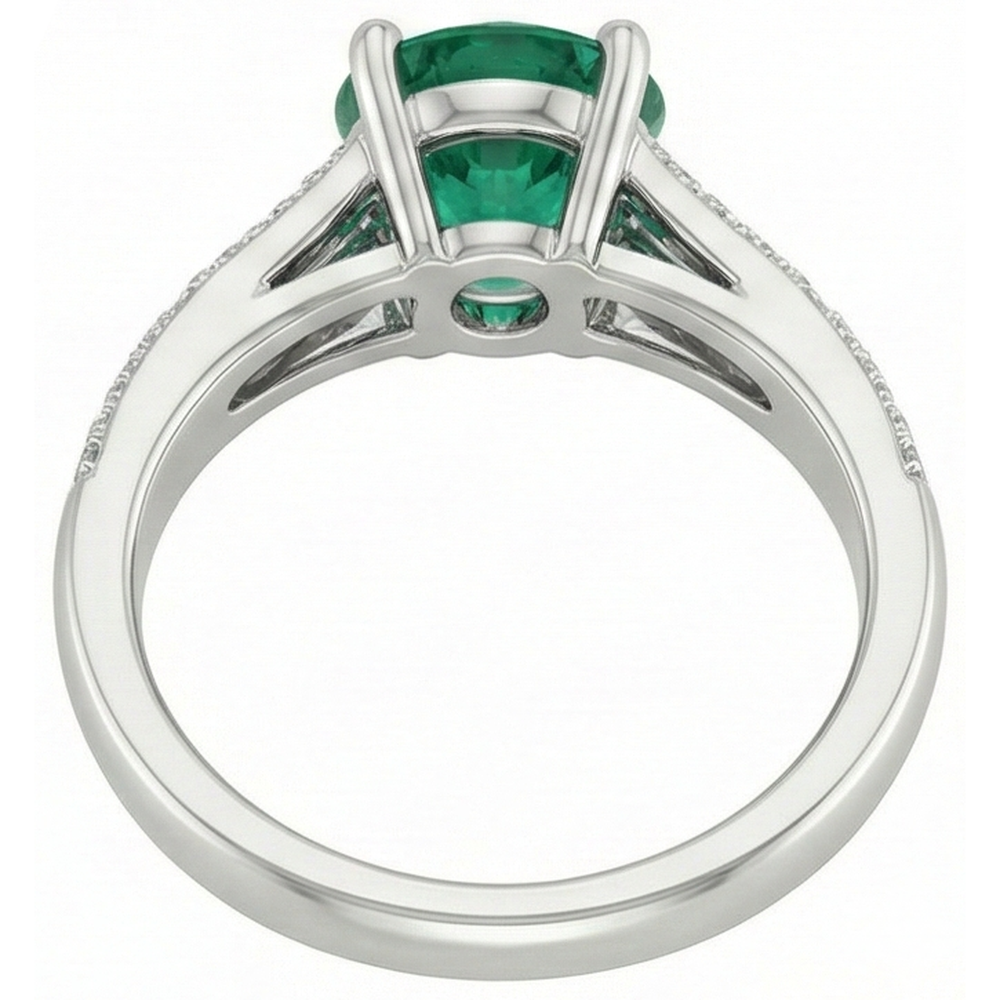3 Carats Gemstone Round Green Emerald & Natural Earth Mined Diamonds Ring White Gold