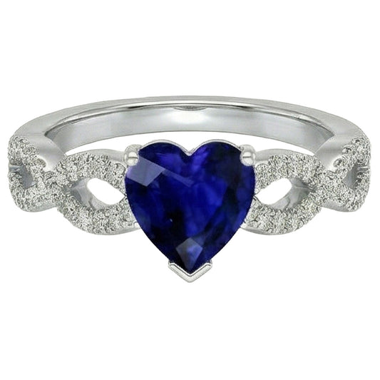 3 Carats Heart Gemstone Blue Sapphire Natural Earth Mined Diamond Ring Infinity Style
