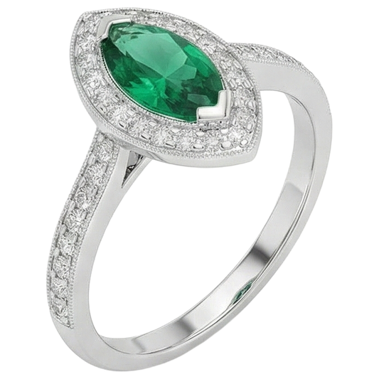 3 Carats Marquise Green Emerald And Natural Earth Mined Diamond Engagement Ring White Gold 14K