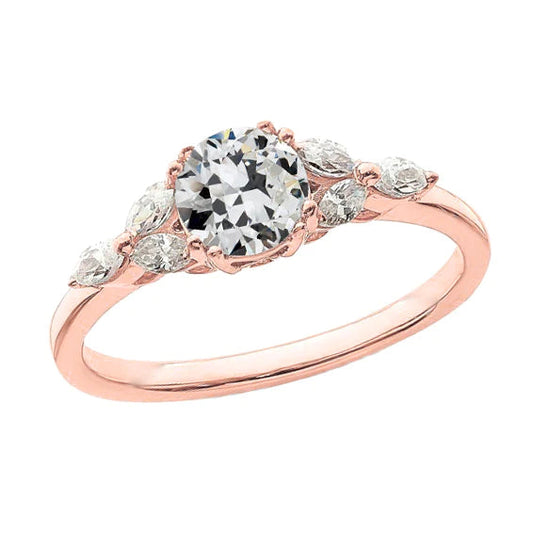 3 Carats Marquise & Round Old Cut Natural Diamond Wedding Ring Gold