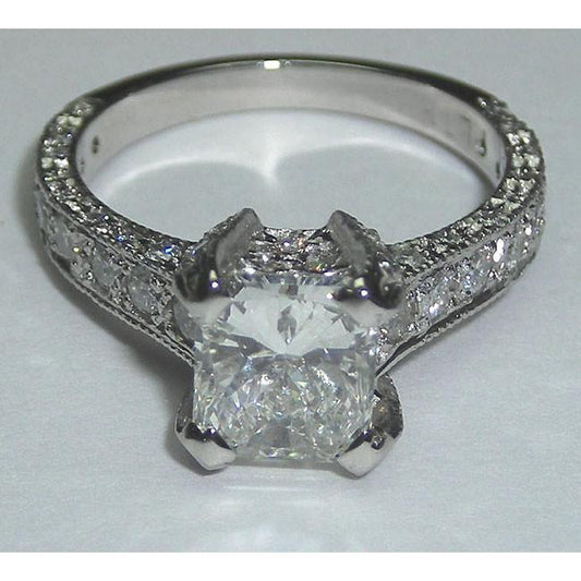 3 Carats Princess Cut Pave Fancy Real Diamond Solitaire Ring With Accents