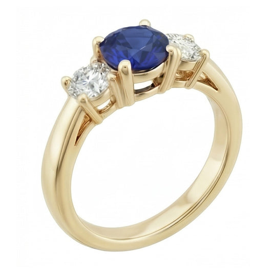 3 Carats Round Natural Earth Mined Diamond Sapphire Ring 3 Stone Tapered Shank Yellow Gold
