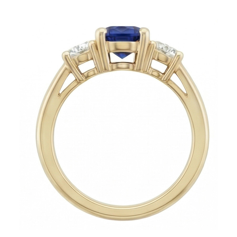 3 Carats Round Natural Earth Mined Diamond Sapphire Ring 3 Stone Tapered Shank Yellow Gold