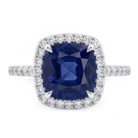 3 Ct Cushion Sri Lanka Blue Sapphire And Halo Natural Earth Mined Diamond Ring