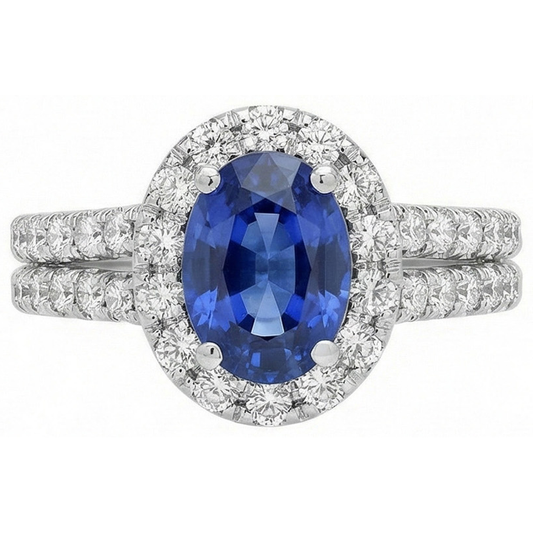 3 Ct Oval Blue Sapphire And Round Natural Earth Mined DIAMOND ( NOT LAB GROWN )s Ring White Gold 14K