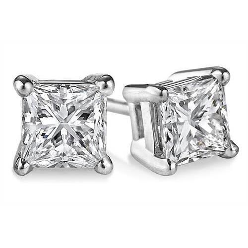 3 Ct Princess Cut Prong Set Natural Diamond Stud Earring 14K White Gold
