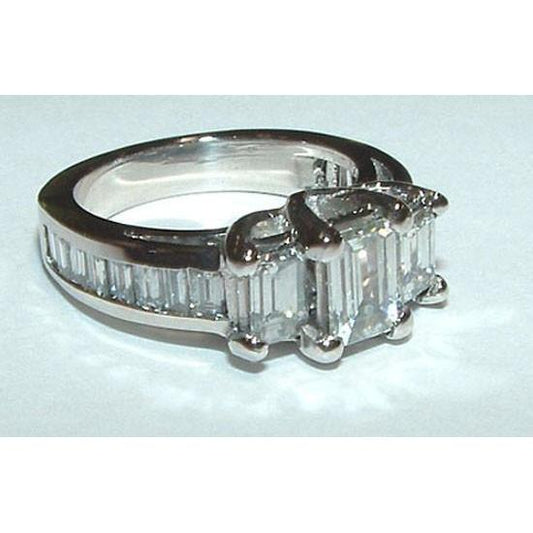 3 Ct. Emerald & Baguettes Real Three Stone Diamond Ring White Gold 14K