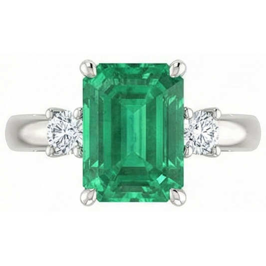 3 Stone 15.50 Ct. Green Emerald With Natural Earth Mined DIAMOND ( NOT LAB GROWN )s Ring Prong Set WG 14K