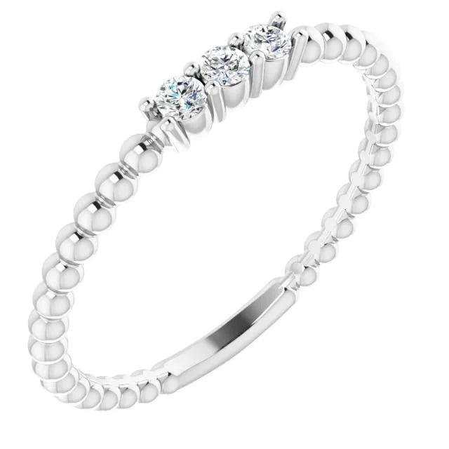 3 Stone Ball Shank Real Diamond Round Ring 0.90 Carats White Gold 14K