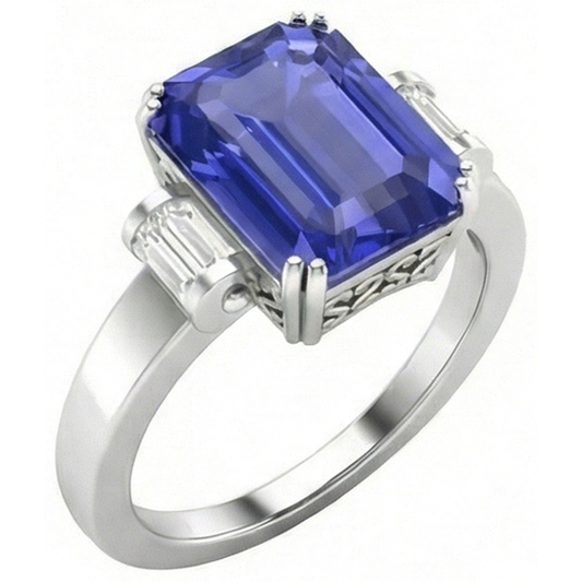 3 Stone Blue Sapphire Emerald Ring 3 Carats Bar Set Baguette Natural Earth Mined Diamonds