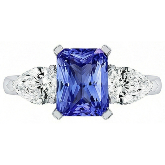 3 Stone Cathedral Setting Pear Natural Earth Mined Diamond Sapphire Ring White Gold